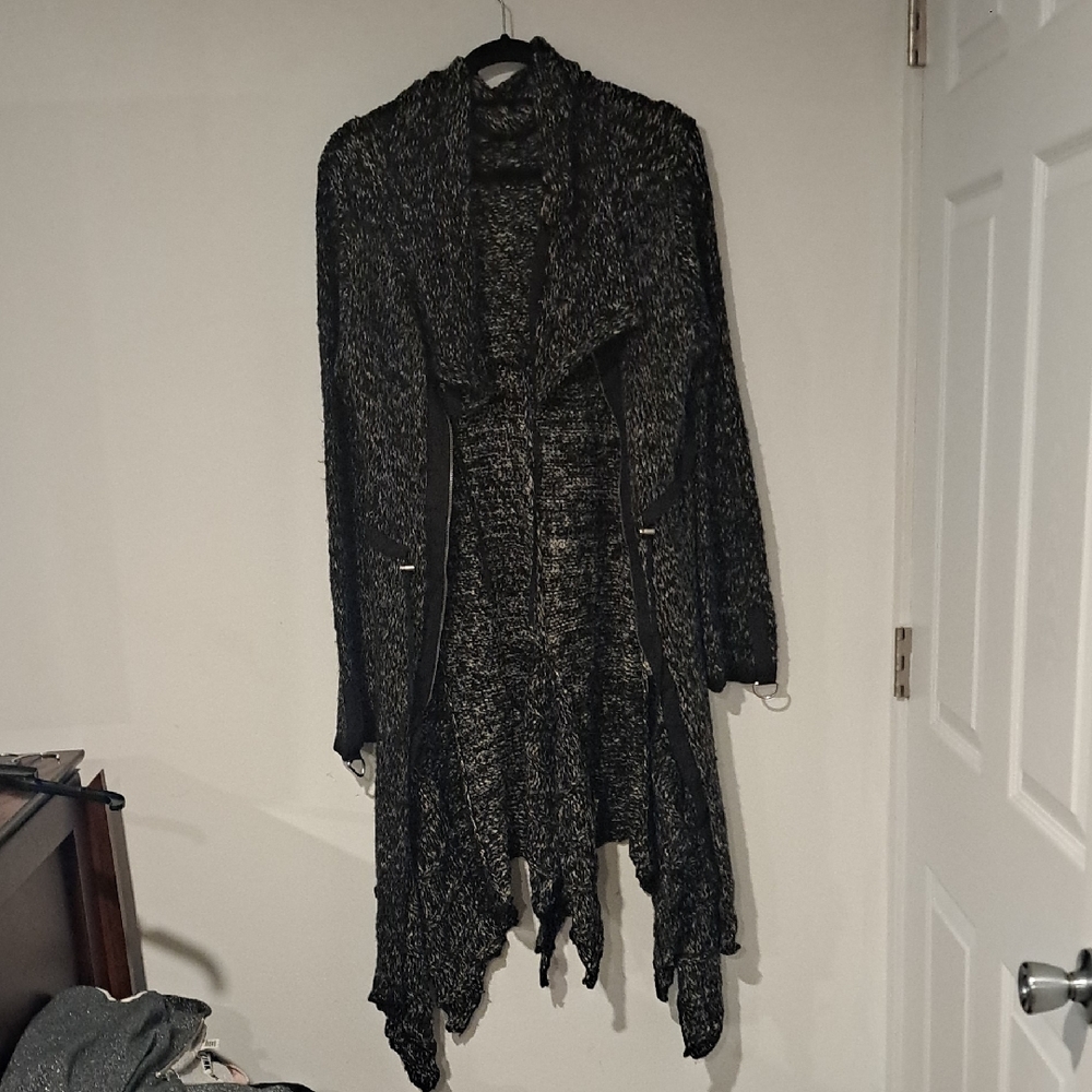 Dramatic Black and Gray Asymmetrical Cardigan Sweater By La Seine Size L
